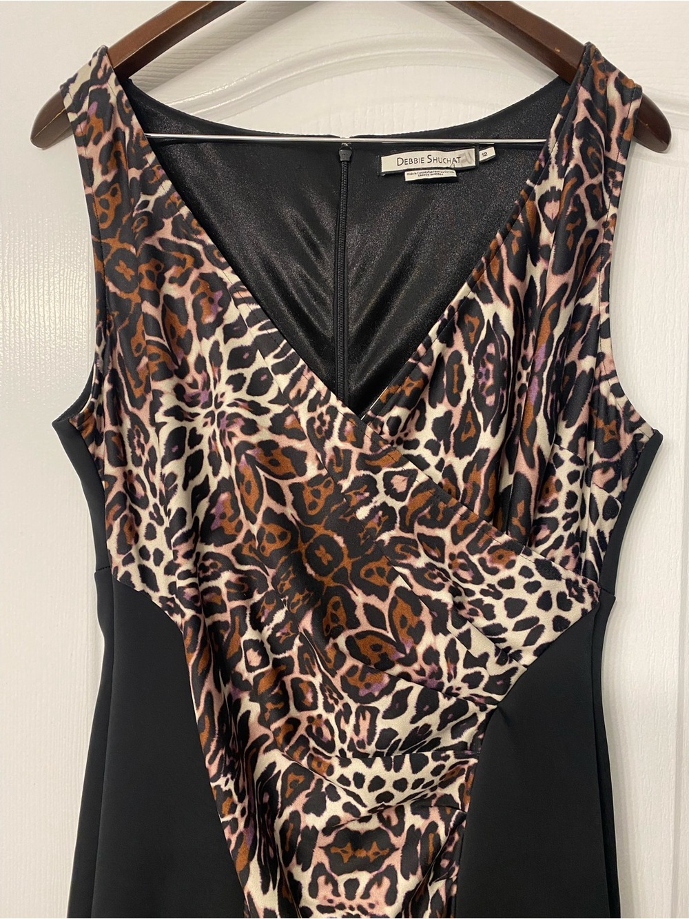 Debbie Shuchat Sleeveless Leopard Print Black Contrast Panel Sheath Dress SZ 12 - Picture 2 of 9